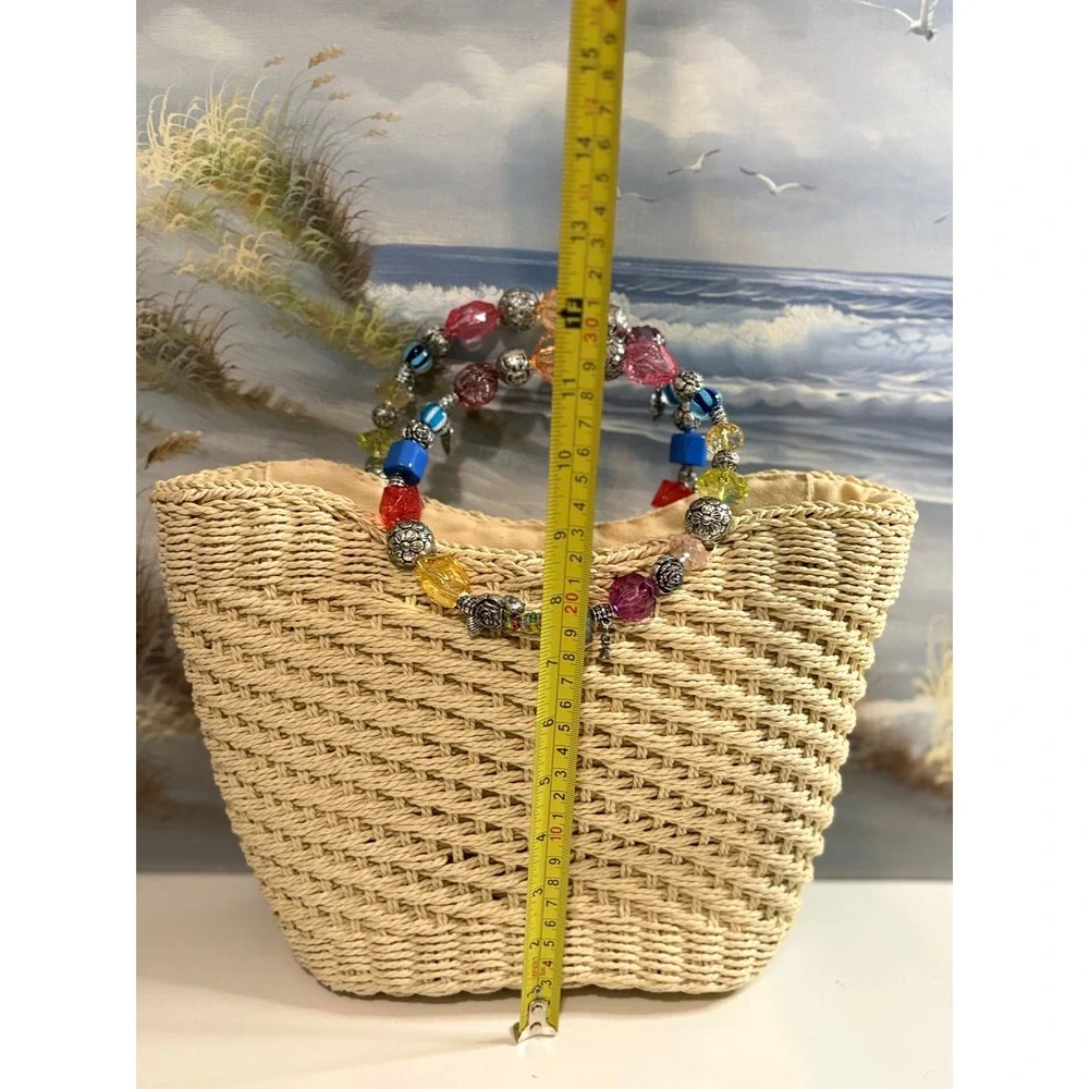 Cappelli Straworld Woven Straw Tote Beach Bag Beaded Handle Charms Tan Summer - Picture 9 of 10